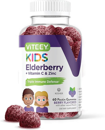 Viteey Sambucus Elderberry for Kids Immune Support Supplements with Zinc & Vitamin C - 3-1 Immune Booster - Vegen, Gelatin Free, Gluten Free, GMO Free - Tasty Chewable Berry Flavored Gummy