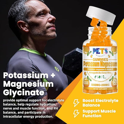 Potassium Magnesium Gummies - High Absorption Magnesium Glycinate & Potassium Citrate Plus Omega 3, B6, D3, K2 & Calcium - Chewable Gummy for Leg Cramps, Immunity & Energy Orange 120 Gummies
