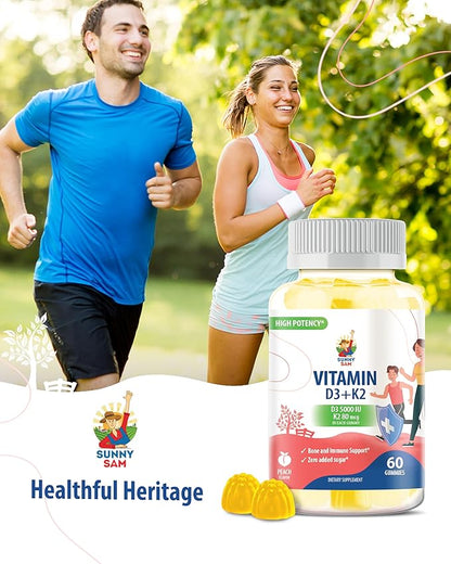 SUNNY SAM Sugar-Free Vitamin D3 K2 Gummies 5000 IU - Immune & Bone Support - Vitamin D Gummy Supplement for Adults - High-Absorption, Vegan, Halal, Gluten-Free Chewable Vitamins - 60 Count