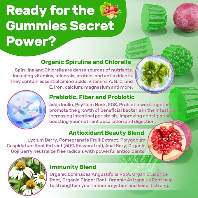 Super Greens Multivitamin Gummies, Daily Greens Superfood Gummies w/Spirulina, Chlorella, Multivitamins, Prebiotic Fiber, Adaptogens, Support Digestive & Gut Health, Immunity, Focus & Energy, 120Cts