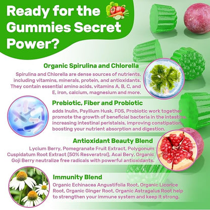 Super Greens Multivitamin Gummies, Daily Greens Superfood Gummies w/Spirulina, Chlorella, Multivitamins, Prebiotic Fiber, Adaptogens, Support Digestive & Gut Health, Immunity, Focus & Energy, 120Cts