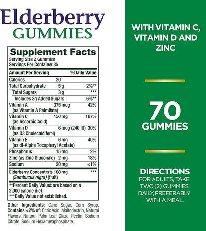 Nature's Bounty Elderberry Gummies, Dietary Supplement, Supports Immune Health, Contains Vitamin A, C, D, E and Zinc, 100 mg, 70 Gummies (Pack of 2)