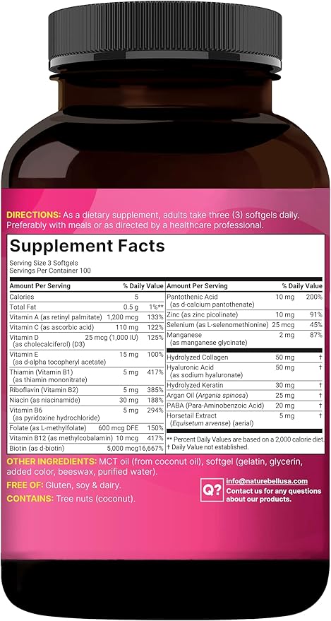 NatureBell Hair, Skin & Nails* Vitamins for Women – 5000mcg Biotin, Collagen, Keratin, Hyaluronic Acid, Argan Oil & B‑Complex – 21‑in‑1 Formula with MCT Oil, 300 Softgels (100 Days Supply)