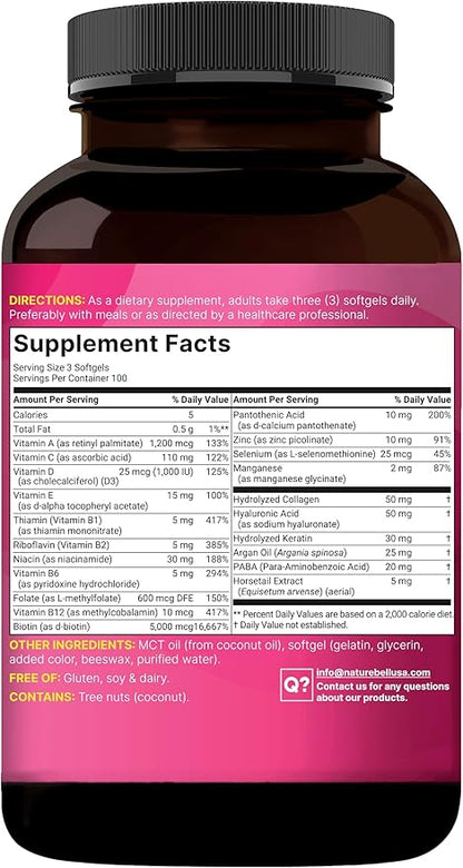 NatureBell Hair, Skin & Nails* Vitamins for Women – 5000mcg Biotin, Collagen, Keratin, Hyaluronic Acid, Argan Oil & B‑Complex – 21‑in‑1 Formula with MCT Oil, 300 Softgels (100 Days Supply)