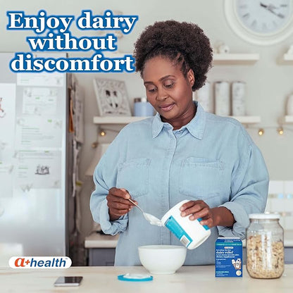 A+Health Dairy Relief Lactase Enzyme 9000 FCC Chewable Tablets, 60 Count, Fast Acting, Dye-Free, Dietary Supplement, Vanilla Flavor, Single Serve Pouches, for Adults and Children 4 Years and Up