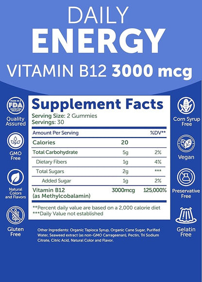 Lunakai USA Made Vegan Energy Gummies – Daily Energy Supplements – 3000mcg Vitamin B12 Gummies for Women & Men – for Home or On‑the‑Go Use, 60ct