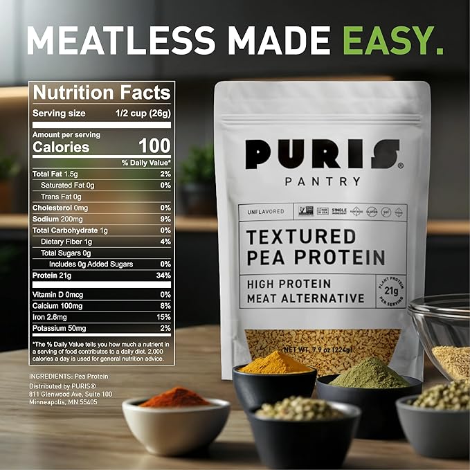 PURIS Pantry Textured Pea Protein, Unflavored Meatless Vegetable Crumbles, Soy Free, Shelf-Stable, Gluten Free, 21g of Protein, Plant-Based Vegan Meat Substitute, Equivalent to 1.5 Pounds Ground Beef