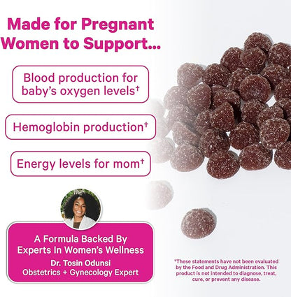 Pink Stork Prenatal Iron Supplement Gummies for Women - 20 mg with Vitamin C - Grape Chewable for Deficiency, Energy, & Blood Builder - 60 Gummy Chews