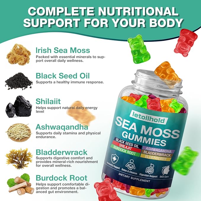 Sea Moss Gummies - Irish Sea Moss Gummies Advanced for Adults with Ashwagandha Bladderwrack & Burdock Root for Supports Immune，Energy - 60 Vegan Gummy,2PCS
