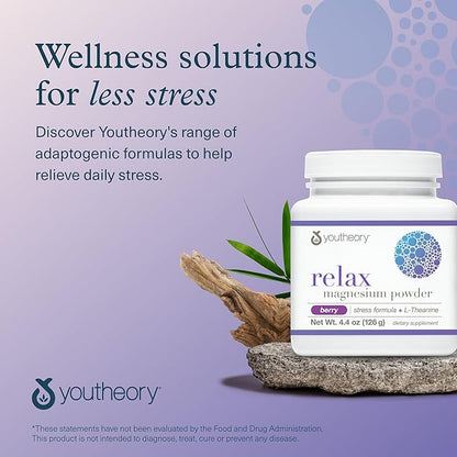 Youtheory Relax Magnesium Powder - Vegan Stress Relief Supplement with L-Theanine & GABA* - Supports Relaxation* - Dairy, Soy & Gluten Free - Berry, 4.4 oz