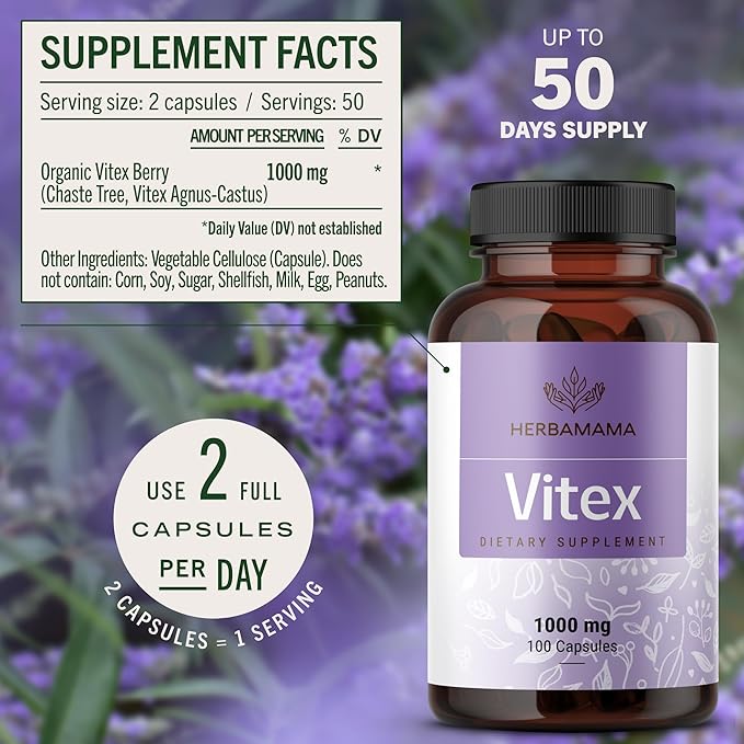 HERBAMAMA Vitex Berry Capsules – Natural Menopause Supplements* for Women – 1000mg Vitex Chasteberry Fruit per Serving for Menopause Support* – Vegan, Non-GMO – 50-Day Supply