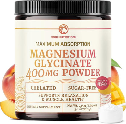 Magnesium Glycinate Powder 400MG | Sleep & Relaxation Support | Peach Mango Flavor, Sugar-Free | High Absorption Chelated Magnesium Powder | Vegan, Gluten-Free, Non-GMO | 30 Servings | 225g (7.94oz)