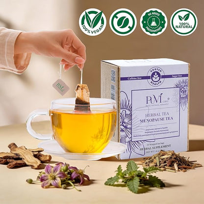 Puvi Care Menopause Tea, Dong Quai Tea for Hot Flash Relief, Herbal Tea bags Hormone BalancePassion Flower Tea Motherwort tea | Non-GMO, Sugar-Free, Gluten Free | Hot flash relief for women | 20 Bags