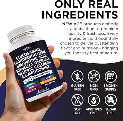 Glucosamine Chondroitin, MSM, Turmeric Curcumin, Collagen, Hyaluronic Acid, Omega 3 – Joint Health Supplement for Men & Women – 120 Count