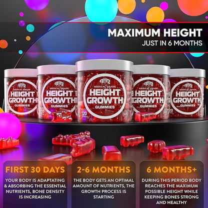 BIOTEQUELAB Height Growth Increase Gummies Vitamins, Grow Tall Supplement, Calcium, Magnesium, Zinc, Ashwagandha, Glucosamine Multivitamin for Teens, Kids, 180 Gummies