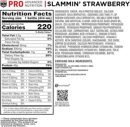 Muscle Milk Pro Series Protein Shake,Slammin' Strawberry,40g Protein,14 Fl Oz,(Pack of 24)