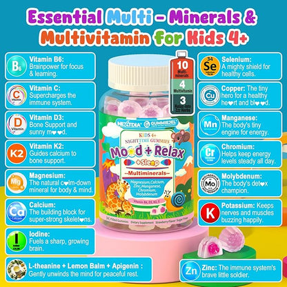 Kids 4+ Magnesium + Saffron Sleep Gummies, Relax Happy Filled Gummy, Bedtime Calcium Zinc, Mineral + Multivitamin Gummies, Melatonin Free | Vitamin D3 K2 | Bone, Only Need 1 Gummy - Sweet Dream Magic