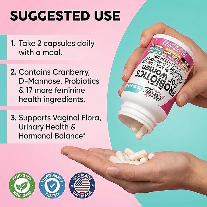 Clean Nutraceuticals Probiotics for Women with D Mannose, Cranberry Extract, Wild Yam, Chasteberry - 20 Probiotic and Prebiotic Strains - PH Balance, Womens Probiotic for Digestive Health - 60 Count