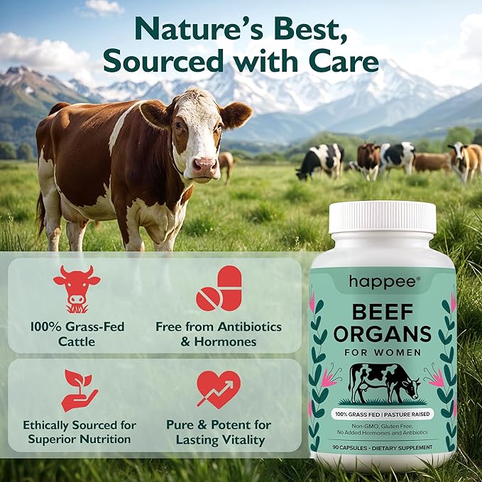 Happee Grass Fed Beef Organ Supplement for Women - Beef Liver, Heart, Kidney, Ovary & Uterus Blend - Hormone Balance, Energy & Cycle Support - 90 Capsules
