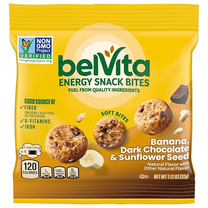 belVita Energy Snack Bites Variety Pack, Banana Dark Chocolate & Sunflower Seed, Blueberry & Sunflower Seed, 15 Snack Packs