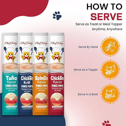 Cat Treats Lickable | Grain-Free Cat Food Toppers, High Protein | Creamy Puree Squeeze Ups with Vitamin E & Taurine, Digestible Formula | 0.5 oz. Each Tube, Chicken & Seafood Mix Variety | 20 Tubes