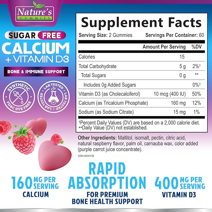 Calcium Supplement Gummies - Sugar Free Calcium Gummy with Vitamin D3 for Best Absorption - Supports Immune Health, Bones & Teeth - Nature's Calcium Chews for Women & Men - Berry Flavor - 120 Gummies