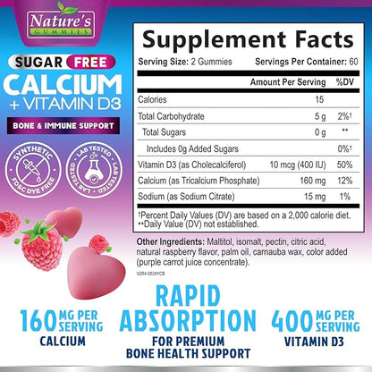 Calcium Supplement Gummies - Sugar Free Calcium Gummy with Vitamin D3 for Best Absorption - Supports Immune Health, Bones & Teeth - Nature's Calcium Chews for Women & Men - Berry Flavor - 120 Gummies