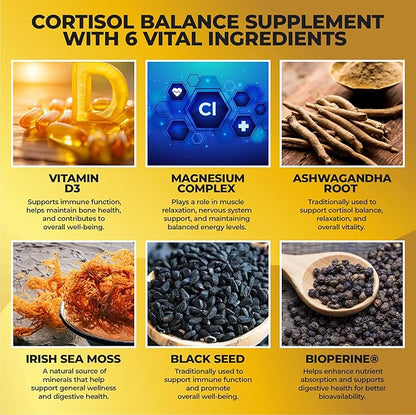 Cortisol Balance and Immune Support Supplement with Ashwagandha, Irish Sea Moss, Black Seed, Vitamin D and Magnesium Complex | Mood Enhancer | Immunity Booster | Stress Relief Pills | 90 Capsules