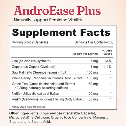 Nourished AndroEase Plus - Vegan Hormone Balance for Women - Zinc, Reishi, Green Tea and Saw Palmetto for Women - for Energy, Vitality, Facial Hair and Daily Wellness - 60 Capsules, Made in USA