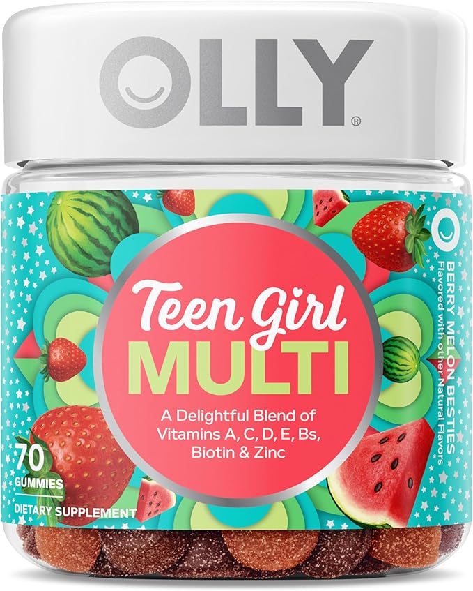 Olly Teen Girl Multi Gummy, Healthy Skin and Immune Support, 15 Essential Vitamins, Biotin, Zinc, Calcium, Chewable Multivitamin, Berry Melon, 35 Day Supply, 70 Count