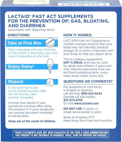 Lactaid Fast Act Lactose Intolerance Relief Chewables with Natural Lactase Enzyme to Prevent Gas, Bloating & Diarrhea Due to Lactose Sensitivity, On-The-Go, Vanilla Twist Flavor, 32 x 1 ct