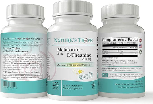 Nature's Trove Melatonin 3mg + L Theanine 200mg – Calm and Relaxation – 120 Kosher Vegetarian Capsules (Pack of 2)
