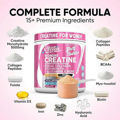 Creatine for Women | Creatine Monohydrate + BCAA Powder Myo-Inositol Collagen Biotin Hyaluronic Acid Folate L Glutamine Vitamin D3 Iron Zinc D-Chiro-Maca Digestion Shelf Builder By Clean Nutra
