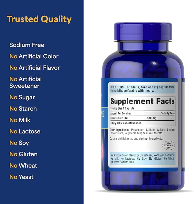 Puritan's Pride Joint Formula Glucosamine HCI for Men and Women 680mg, Dietary Supplement for Joint Health, 80 Day Supply, 240 Capsules