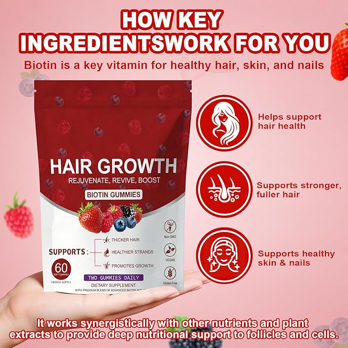 Lumin Hair Growth Gummies – Daily Hair Nourishment with Biotin, Collagen & Botanical Extracts – Supports Thicker, Stronger & Healthier-Looking Hair – Mixed Berry Flavor, 60 Gummies
