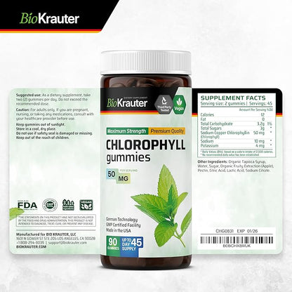BIO KRAUTER® Chlorophyll Gummies for Body Odor & Detox Support - Vegan Chlorophyll Supplements for Women & Men - Natural internal Deodorant - 90 Detox Gummies, 45 Days of Supply, Apple Flavor, Non-GMO