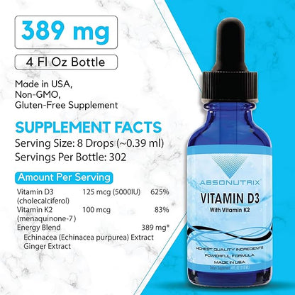 Absonutrix Vitamin D3 K2 Drops, 390mg, 4 Oz Liquid, 302 Servings, Made in USA, Quick Absorption, Quality Potent Ingredients, Non-GMO, GMP Certified, Cruelty-Free Products, Bone Strength Supplements