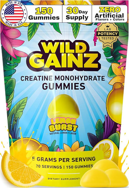 Creatine Monohydrate Gummies 5g - Made in USA - Pre Workout Creatine Chews for Women & Men, Vegan Creatine Gummy Candy, Chewable Nutritional Supplements, NSF Certified (Lemon, 150 Count)