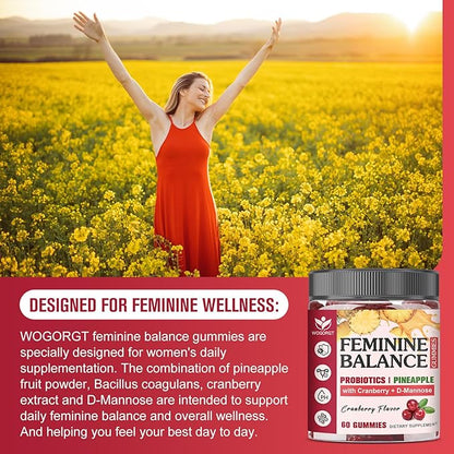 Feminine Balance Gummies for Women - Vaginal Health, pH Balance Support, Pineapple Probiotics Gummies for Women with Cranberry Extract and D-Mannose, Sugar Free, Vegan, Cranberry Flavor - 60Ct (2pack)