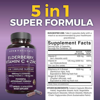 Viva Naturals Black Elderberry 1000mg with Vitamin C, D3 5000 IU & Zinc - 5-in-1 Immune Support Supplement for Adults, Sambucus Elderberry Capsules with Ginger for Men and Women, (60 Capsules)