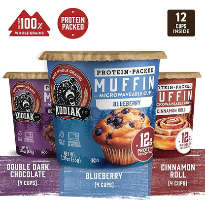 Kodiak Cakes Minute Muffin Cup Variety Pack - 100% Whole Grains, Double Dark Chocolate, Blueberry & Cinnamon Roll, 2.36 oz (Pack of 12)