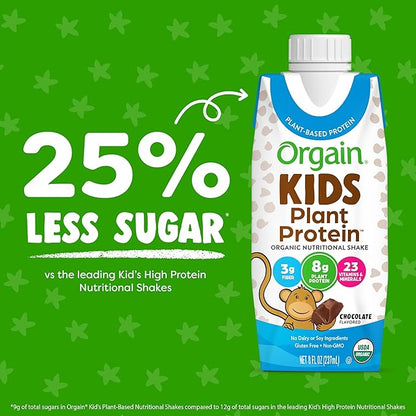 Orgain Organic Kids Nutritional Vegan Protein Shake, Chocolate - Healthy Kids Snacks, 8g Plant Protein, 23 Vitamins & Minerals, 3g Fiber, No Dairy & Soy, Non-GMO, 8 Fl Oz (12 Pack) Package May Vary