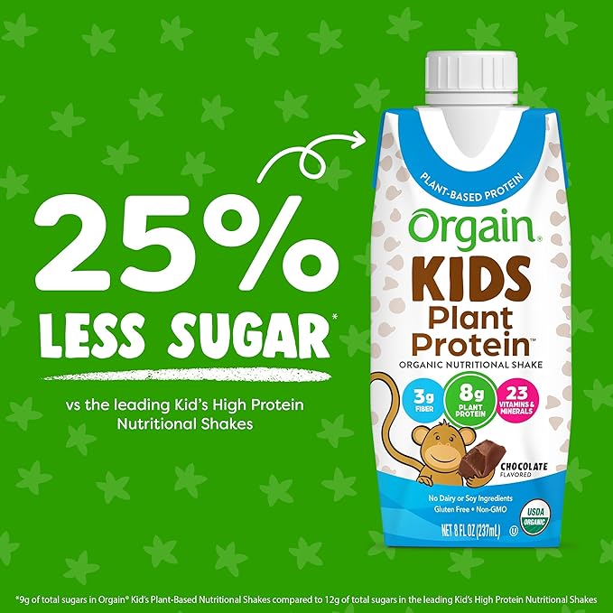 Orgain Organic Kids Nutritional Vegan Protein Shake,Chocolate - Healthy Kids Snacks,8g Plant Protein,23 Vitamins & Minerals,3g Fiber,No Dairy & Soy,Non-GMO,8 Fl Oz Package May Vary,(Pack of 24)