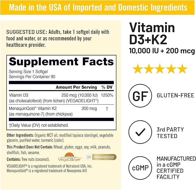 NatureWise Vegan Vitamin D3 + K2 in Organic Coconut MCT Oil - Natural D3 10000IU + Natural K2 200mcg - High Absorption Bone Support - Non-GMO - USA Manufactured - 90 Softgels[90-Day Supply]