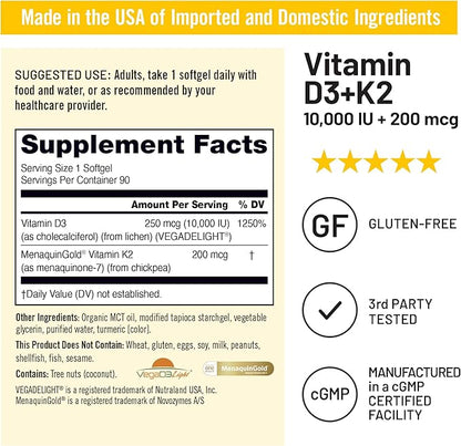 NatureWise Vegan Vitamin D3 + K2 in Organic Coconut MCT Oil - Natural D3 10000IU + Natural K2 200mcg - High Absorption Bone Support - Non-GMO - USA Manufactured - 90 Softgels[90-Day Supply]