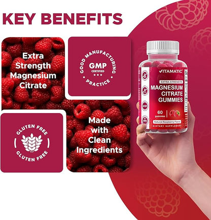 Vitamatic Extra Strength Magnesium Gummies – 255 mg (Elemental Magnesium) per Serving – 60 Vegan Gummies Supports Relaxation, Muscle & Nerve Function, Bone Health & Energy Production