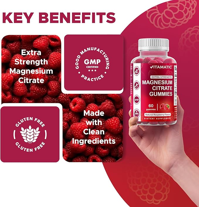 Vitamatic Extra Strength Magnesium Gummies – 255 mg Elemental Magnesium per Serving – 60 Gummies (2-Pack) Supports Relaxation, Muscle Function, Bone Health & Energy – Vegan, Non-GMO, Gluten-Free