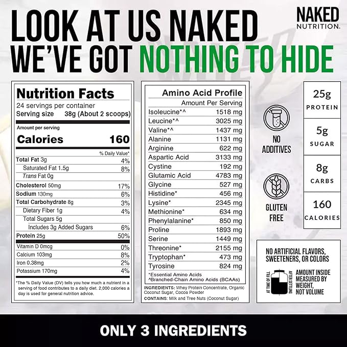 NAKED Whey Chocolate Protein Powder - Only 3 Ingredients - Grass Fed Whey Protein Powder, Organic Chocolate and Organic Coconut Sugar, NSF Certified, No GMO, No Soy, and Gluten Free - 24 Servings