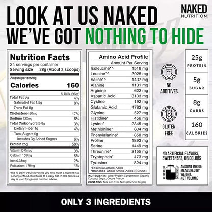 NAKED Whey Chocolate Protein Powder - Only 3 Ingredients - Grass Fed Whey Protein Powder, Organic Chocolate and Organic Coconut Sugar, NSF Certified, No GMO, No Soy, and Gluten Free - 24 Servings