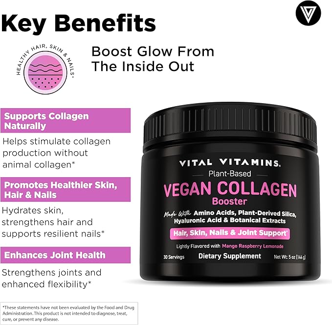 Vital Vitamins Vegan Collagen Booster Powder - Made with Amino Acids, Silica, Hyaluronic Acid, & Botanical Extracts - Plant-Based - Mango Raspberry Lemonade Flavor - Hair, Skin, Nails - 30 Servings